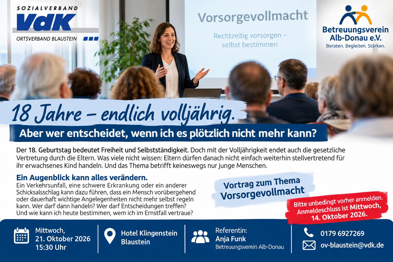 Aushang: Vortrag Vorsorgevollmacht am 21. Oktober 2026, 15:30 Uhr, Hotel Klingenstein Blaustein. Veranstalter VdK Ortsverband Blaustein und Betreuungsverein Alb-Donau.